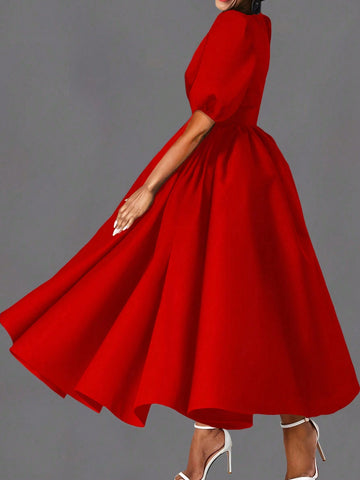 Puff Sleeve Belted Midi Dress