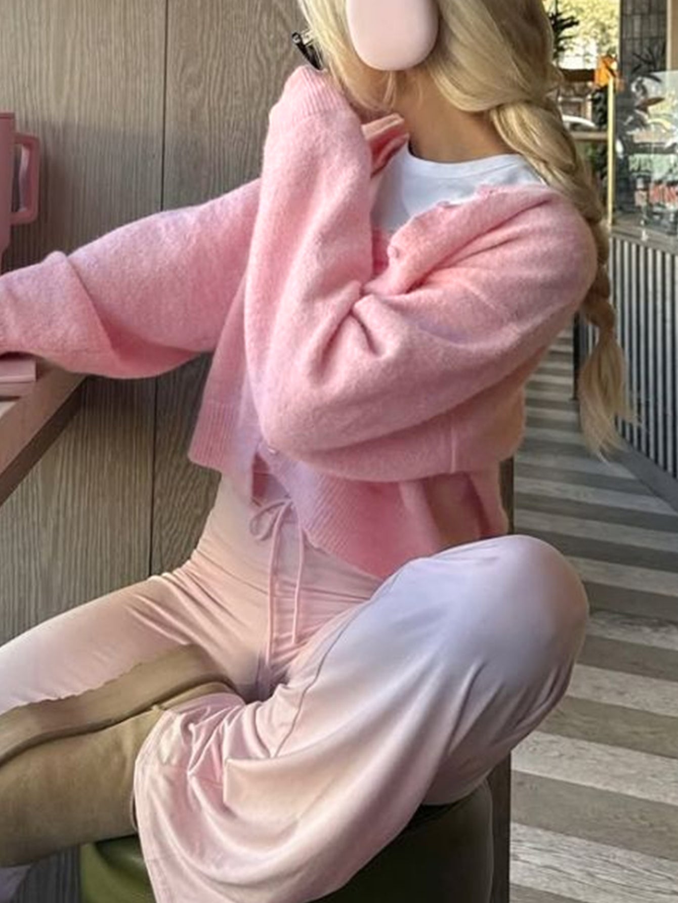 Soft Pink Crewneck Knit Cardigan