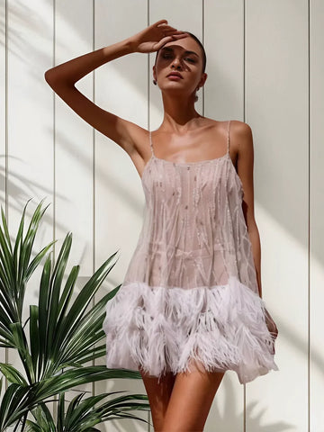 Embellished Feather Trim Mini Dress