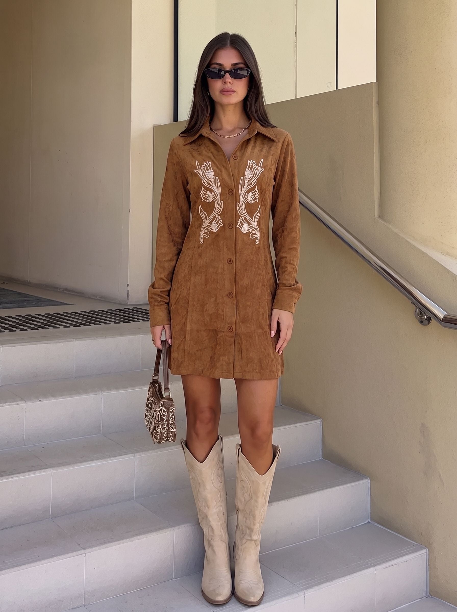 Embroidered Suede Button Down Mini Dress