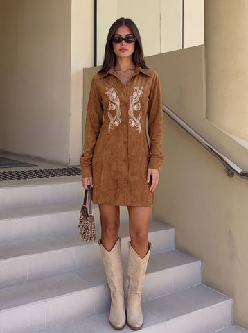 Embroidered Suede Button Down Mini Dress