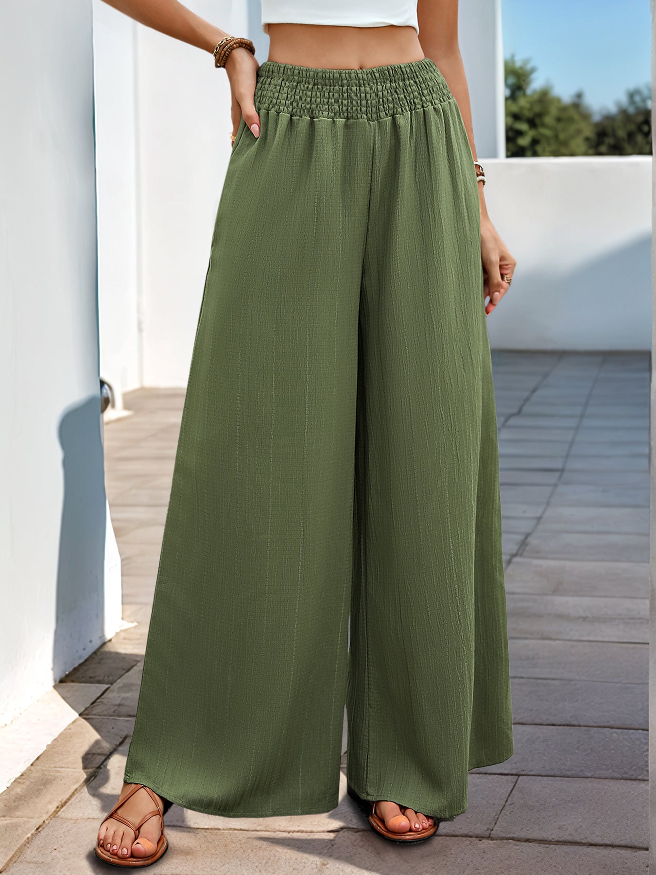 Elastic-Waist Wide-Leg Breezy Casual Pants