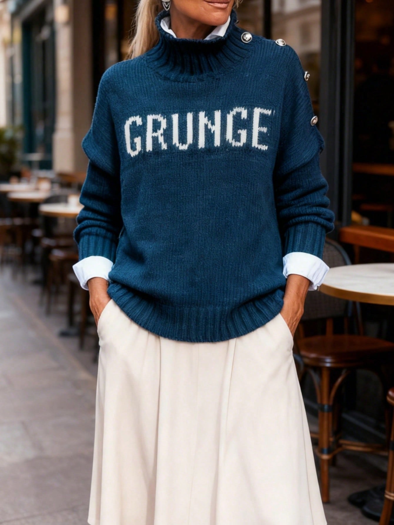 Graphic Mock Neck Layered Knit Sweater