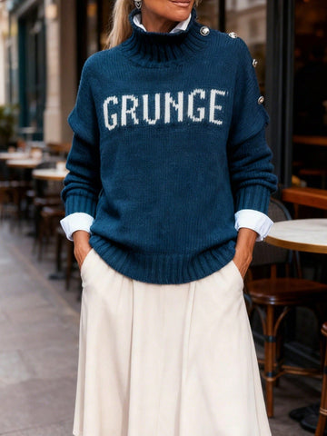 Graphic Mock Neck Layered Knit Sweater