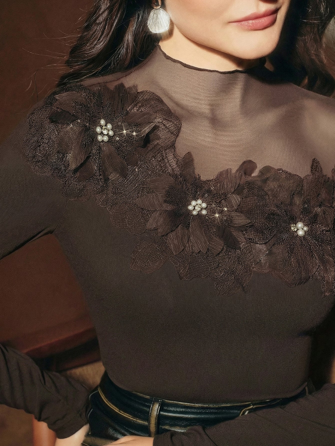 Sheer Floral Applique Mesh Long-Sleeve Top