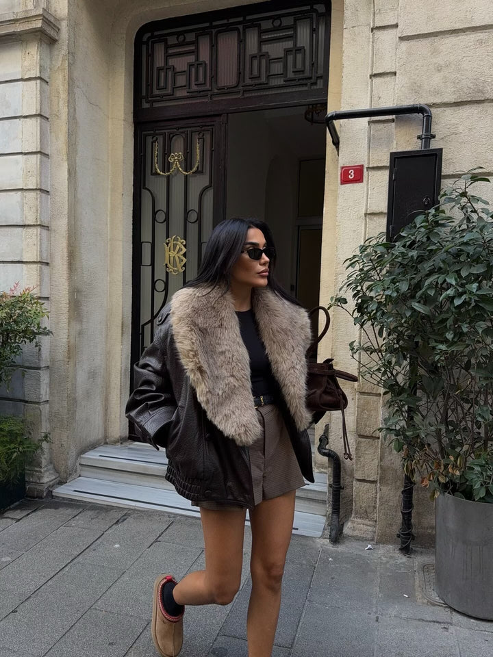 Faux Fur Collar Cropped Leather Jacket