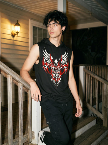 Graphic Print Hooded Sleeveless Tank Top