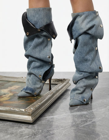 Pointed-Toe Folded-Cuff Stud-Detailed Edgy Boots