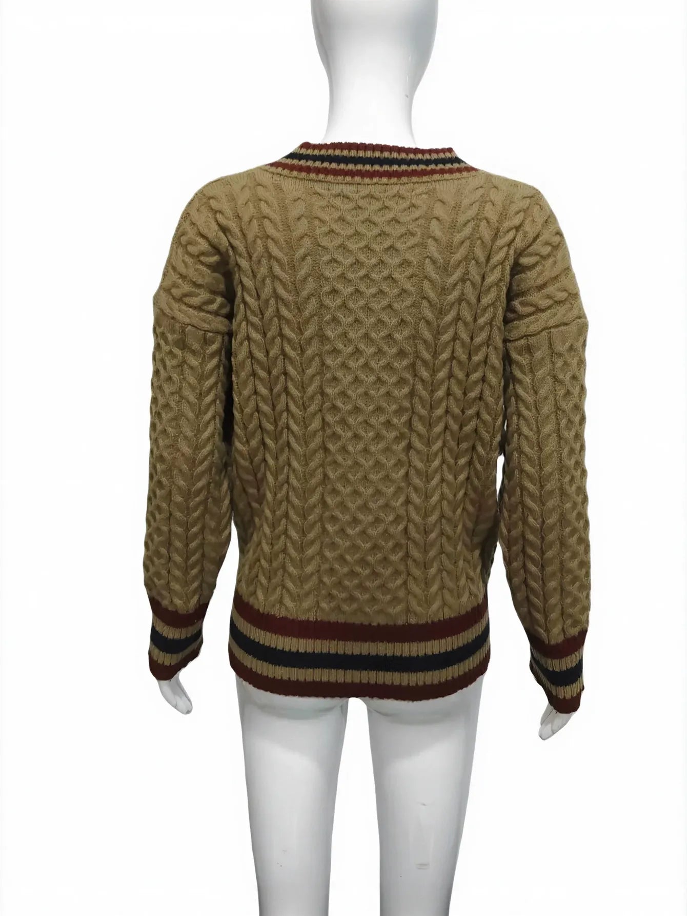 V Neck Varsity Cable Knit Sweater