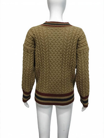 V Neck Varsity Cable Knit Sweater