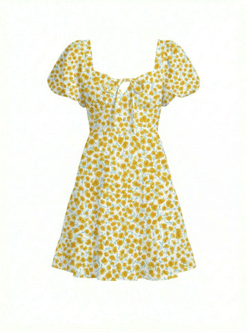 AYLA Floral Print Puff Sleeve Tiered Mini Dress