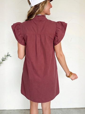 Ruffle Trim Button Front Denim Mini Dress