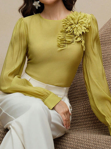 Floral Applique Puff Sleeve Chiffon Blouse