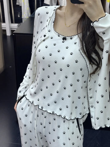 Soft Ribbed Paw Print Pajama Set