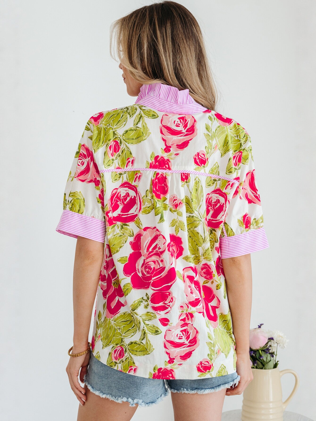 Floral Print Striped Cuff Shirt