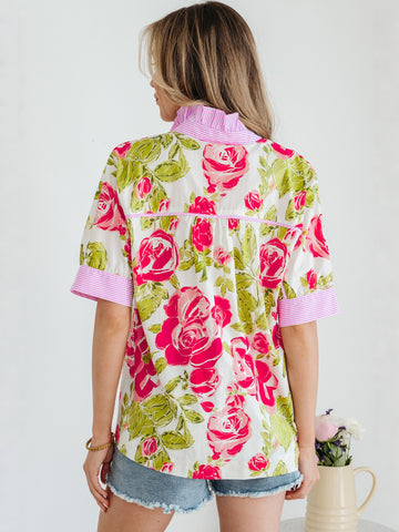 Floral Print Striped Cuff Shirt