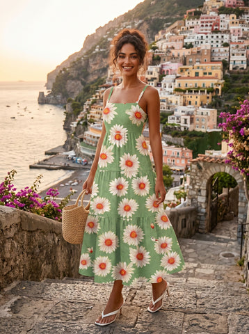 FLORA Floral Print Tiered Strap Midi Dress