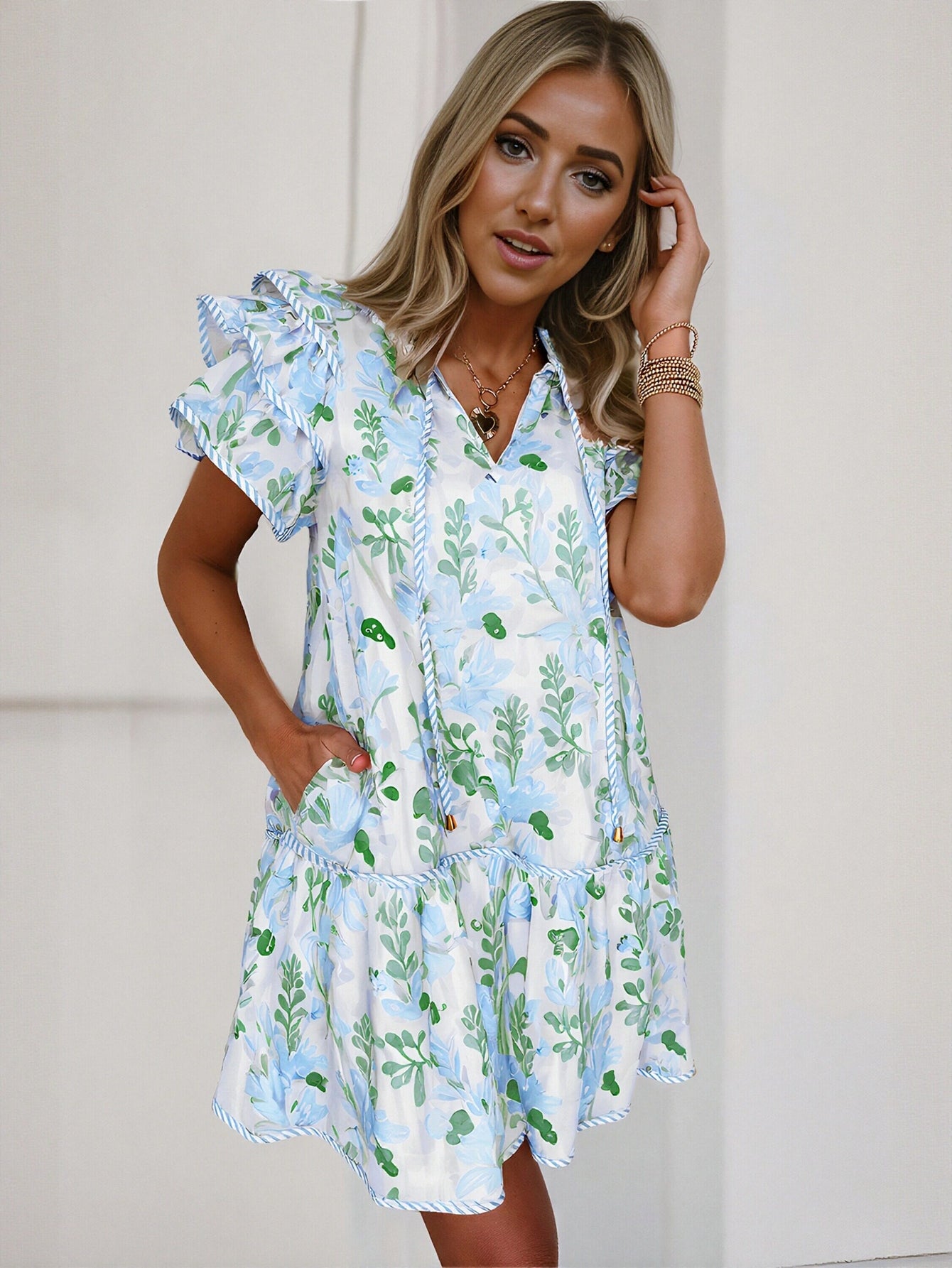 Ruffle Sleeve Blue Trim Mini Dress