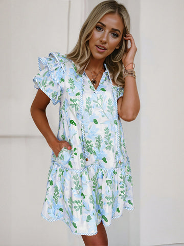 Ruffle Sleeve Blue Trim Mini Dress