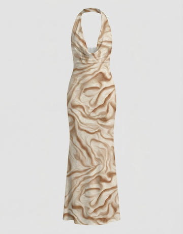 LILA Beige Marble Swirl Print Cowl Neck Bodycon Maxi Dress