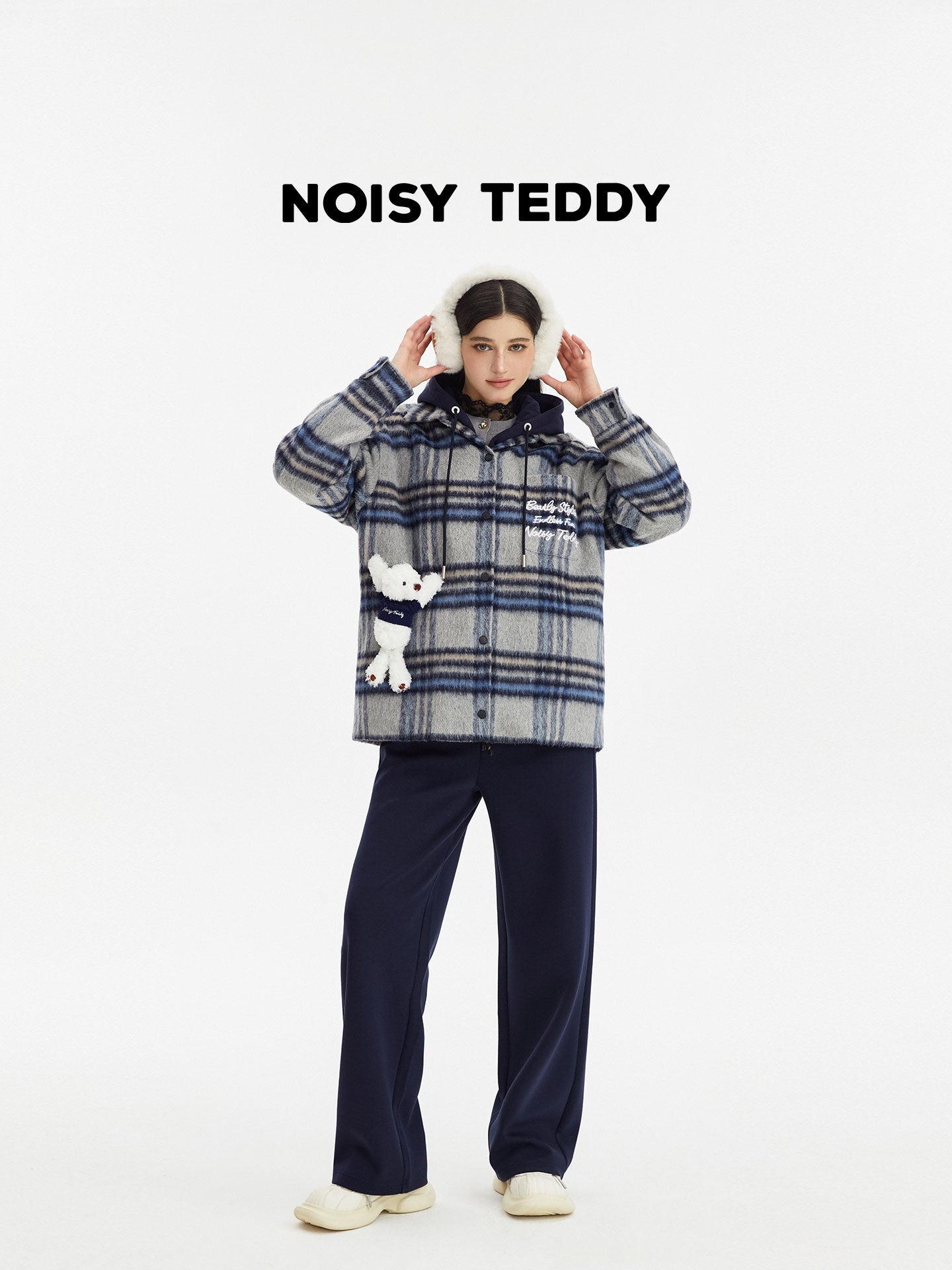 Hooded Plaid Brushed Wool Coat