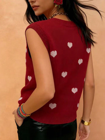 Heart Pattern Crewneck Knit Tank Top