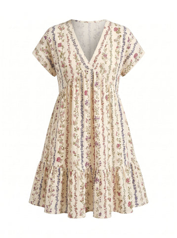 Floral Print V Neck Tiered Babydoll Mini Dress
