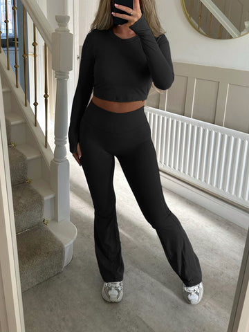 Long-Sleeve Crop Top Flare-Leg Pants Athleisure Set