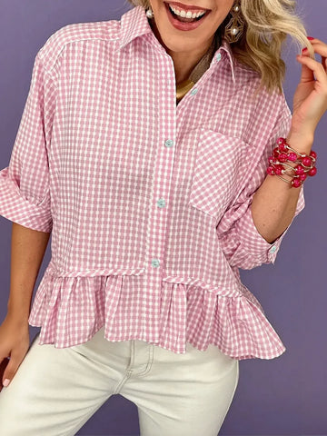 Pink Gingham Peplum Button Down Shirt