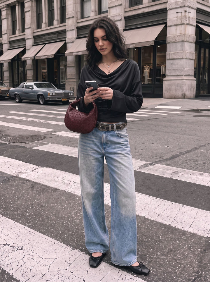 Satin Drape Neck Bell Sleeve Blouse