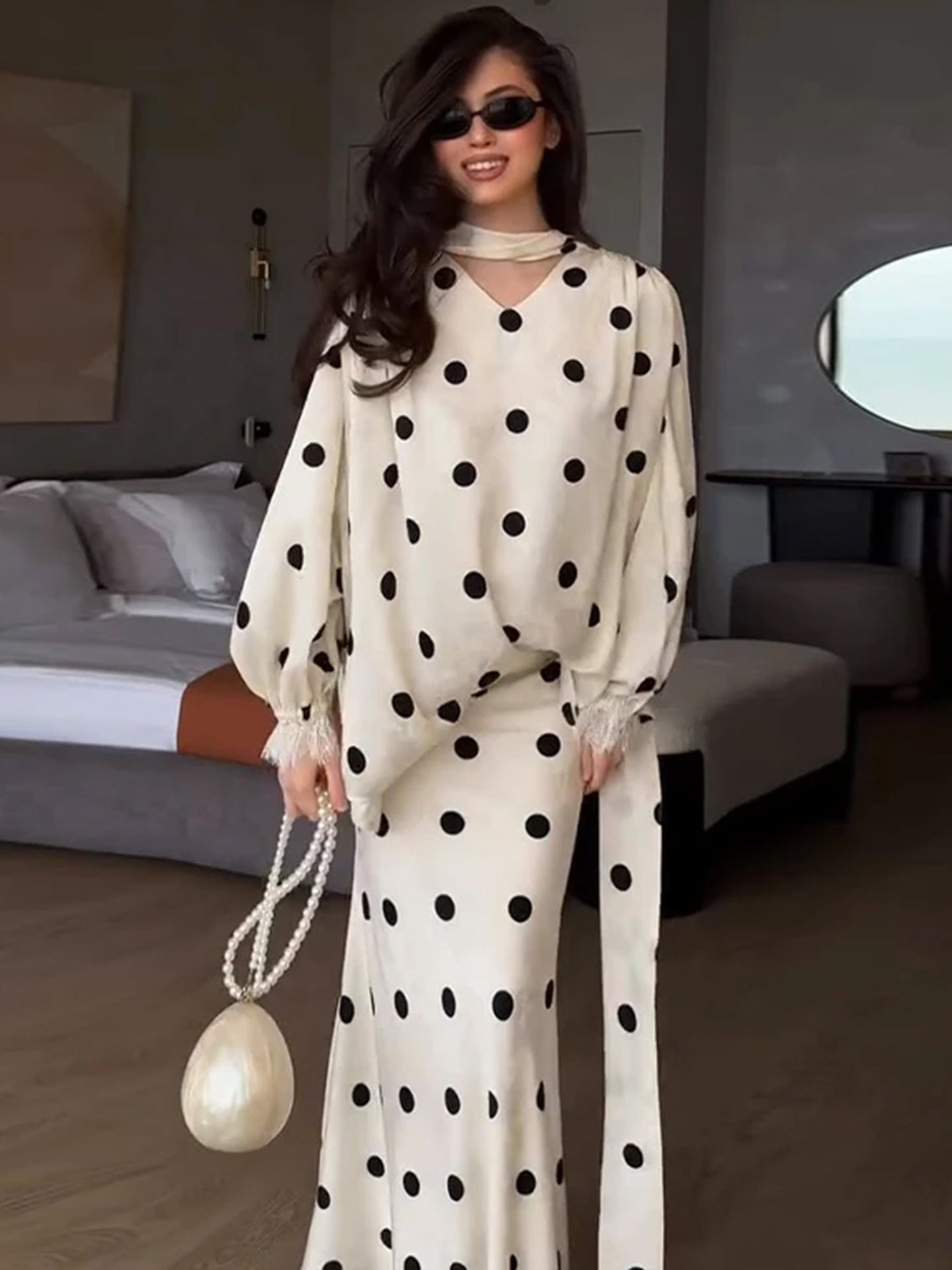 Elegant Polka Dot Maxi Skirt Set