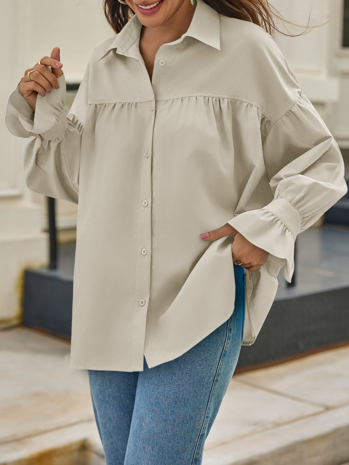 Oversized Puff Sleeve Button Down Shirt