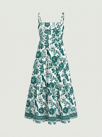 FLORA Floral Print Tiered Strap Midi Dress
