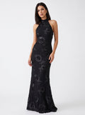Floral Embroidered Halter Evening Dress