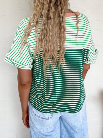 Colorblock Striped Pocket Cotton T Shirt