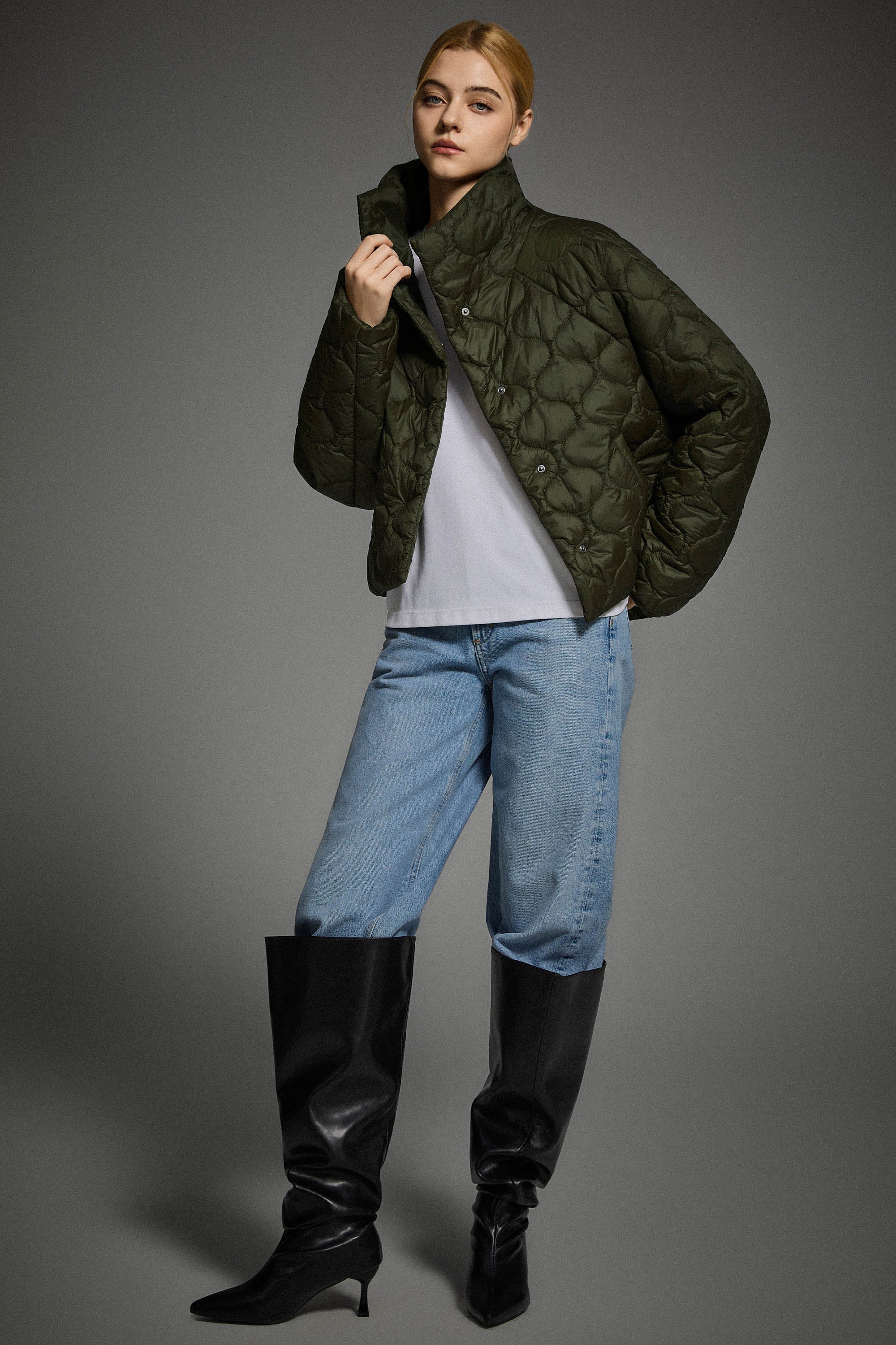 Oversized Quilted Snap Front Puffer Jacket