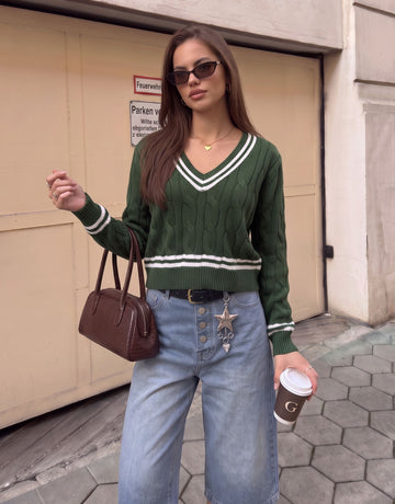 Preppy V Neck Cable Knit Sweater