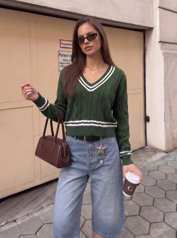 Preppy V Neck Cable Knit Sweater