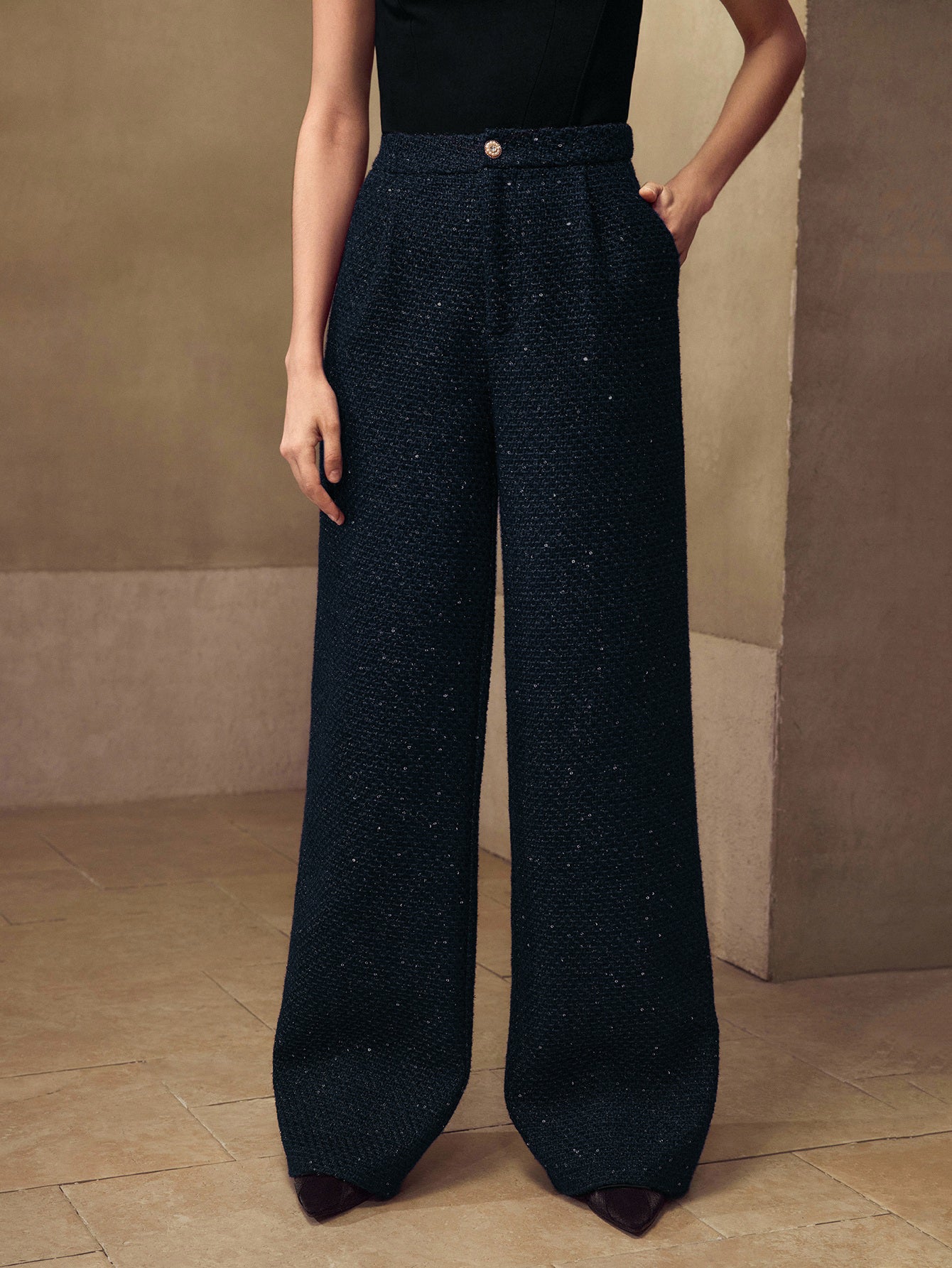 Elegant Tweed High Waisted Wide Pants