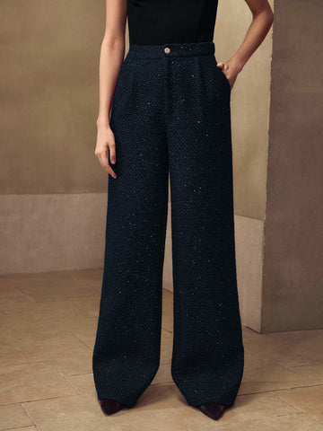 Elegant Tweed High Waisted Wide Pants