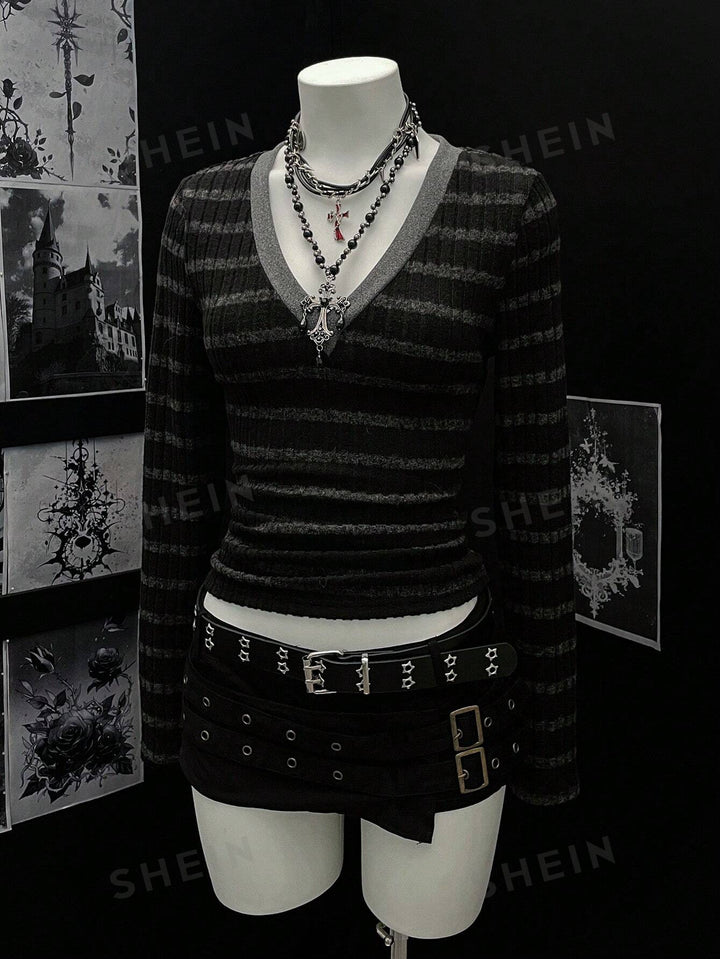 Goth Striped V Neck Long Sleeve Tee