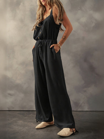 Button Front Wide Leg Jumpsuit