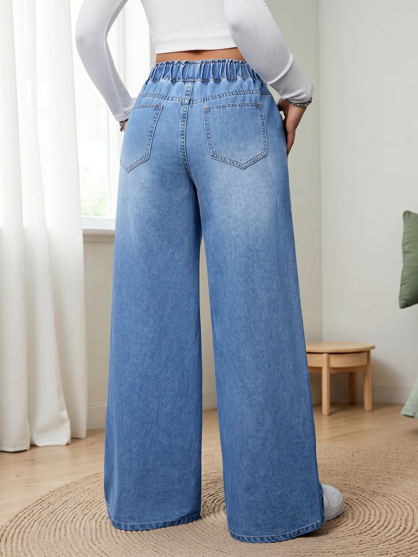 High Waisted Drawstring Wide Leg Jeans