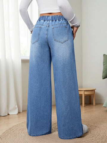 High Waisted Drawstring Wide Leg Jeans
