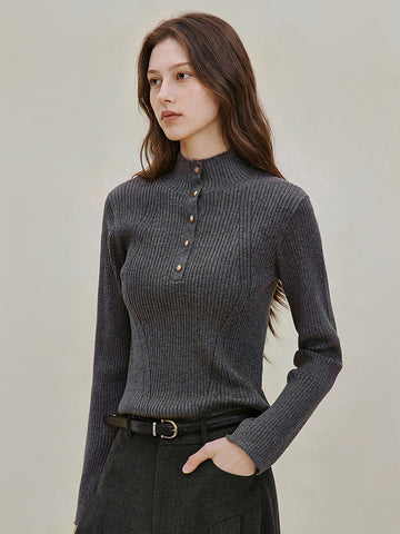 Button Mock Neck Ribbed Sweater