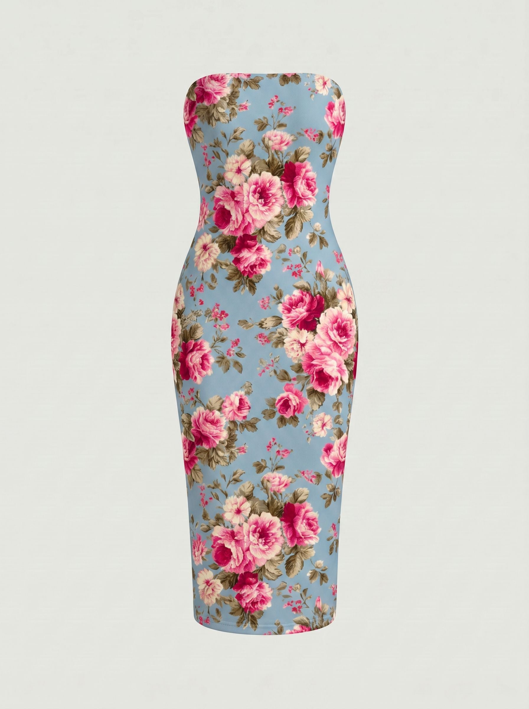 MAIA Floral Print Strapless Sheath Midi Dress