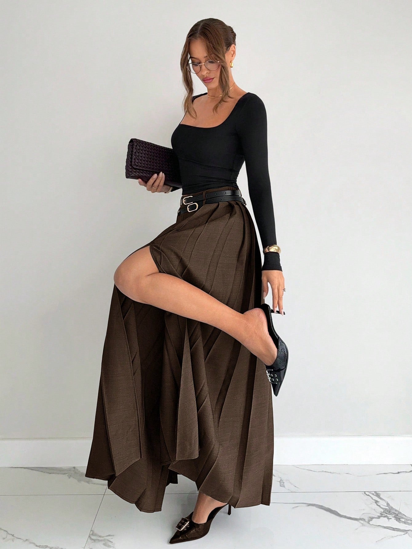 High Slit Pleated Maxi Skirt