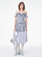 Colorblock Striped Pleated Midi Skirt
