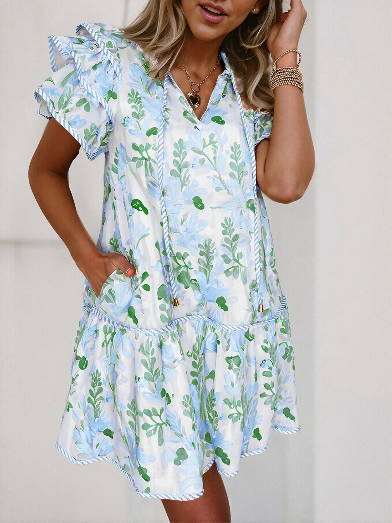 Ruffle Sleeve Blue Trim Mini Dress