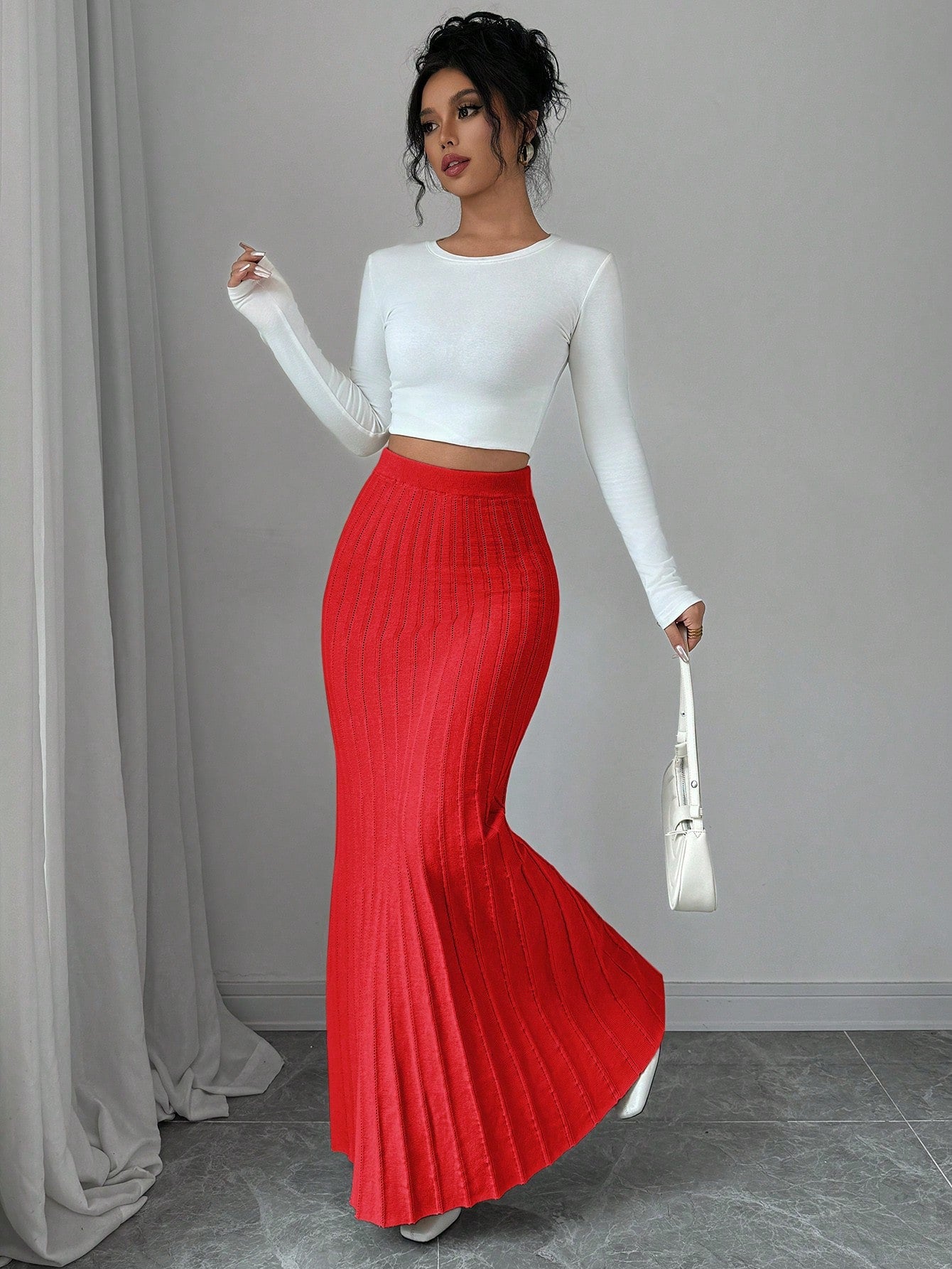 High Waisted Ribbed Knit Maxi Skirt